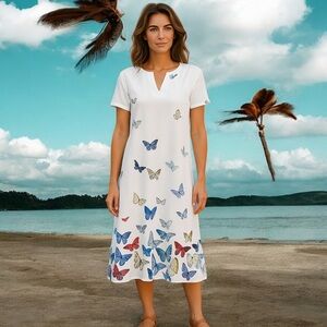 Summer lightweight lounge dress or coverup! White with colorful butterfl…